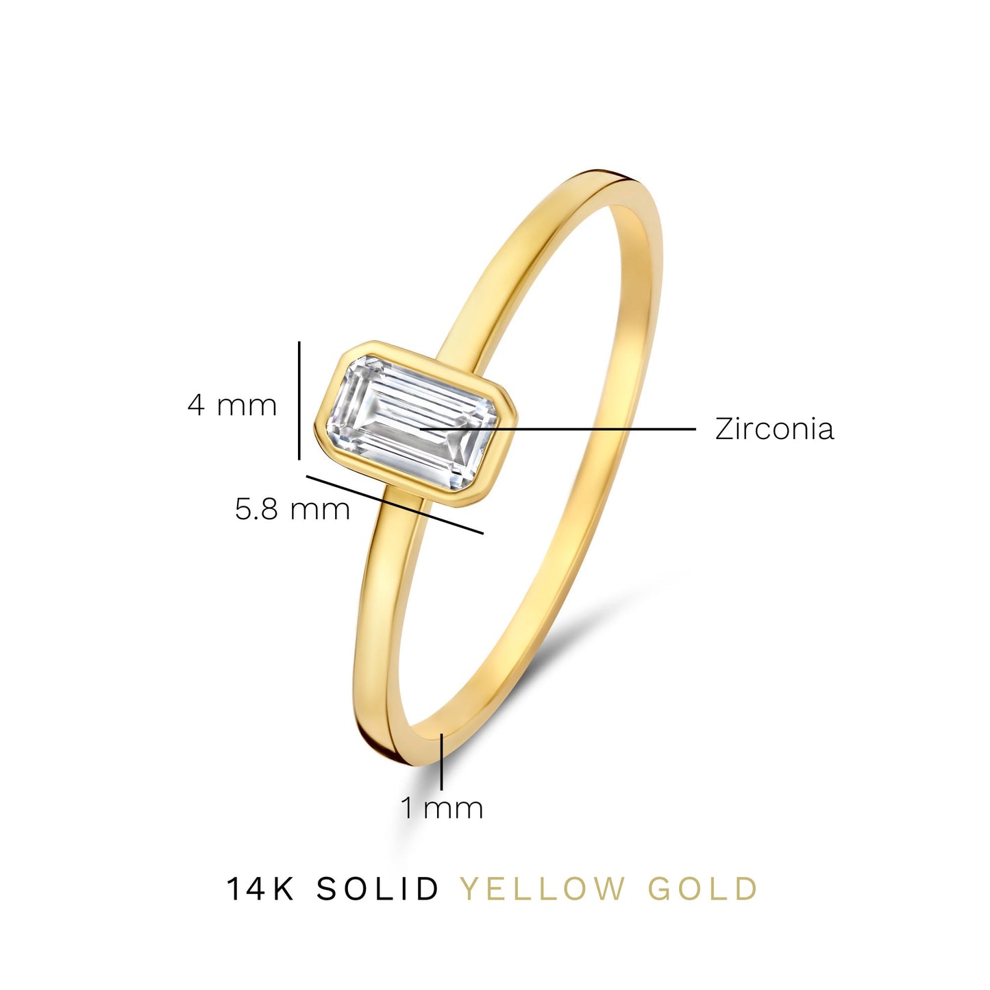 Baguette Genevieve 14 karat gold ring with white zirconia stone